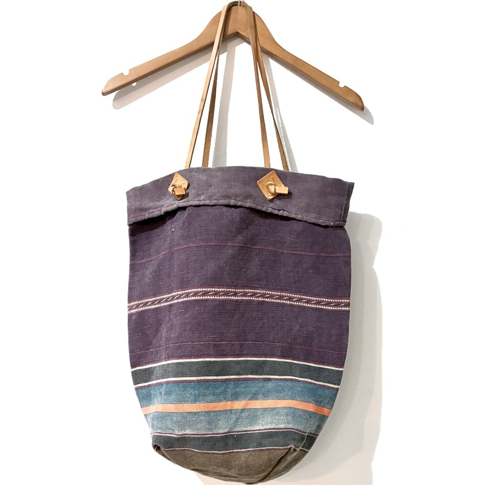 Free People Large Striped Canvas Tote Bag Carry All Leather Handles w/ Pouch